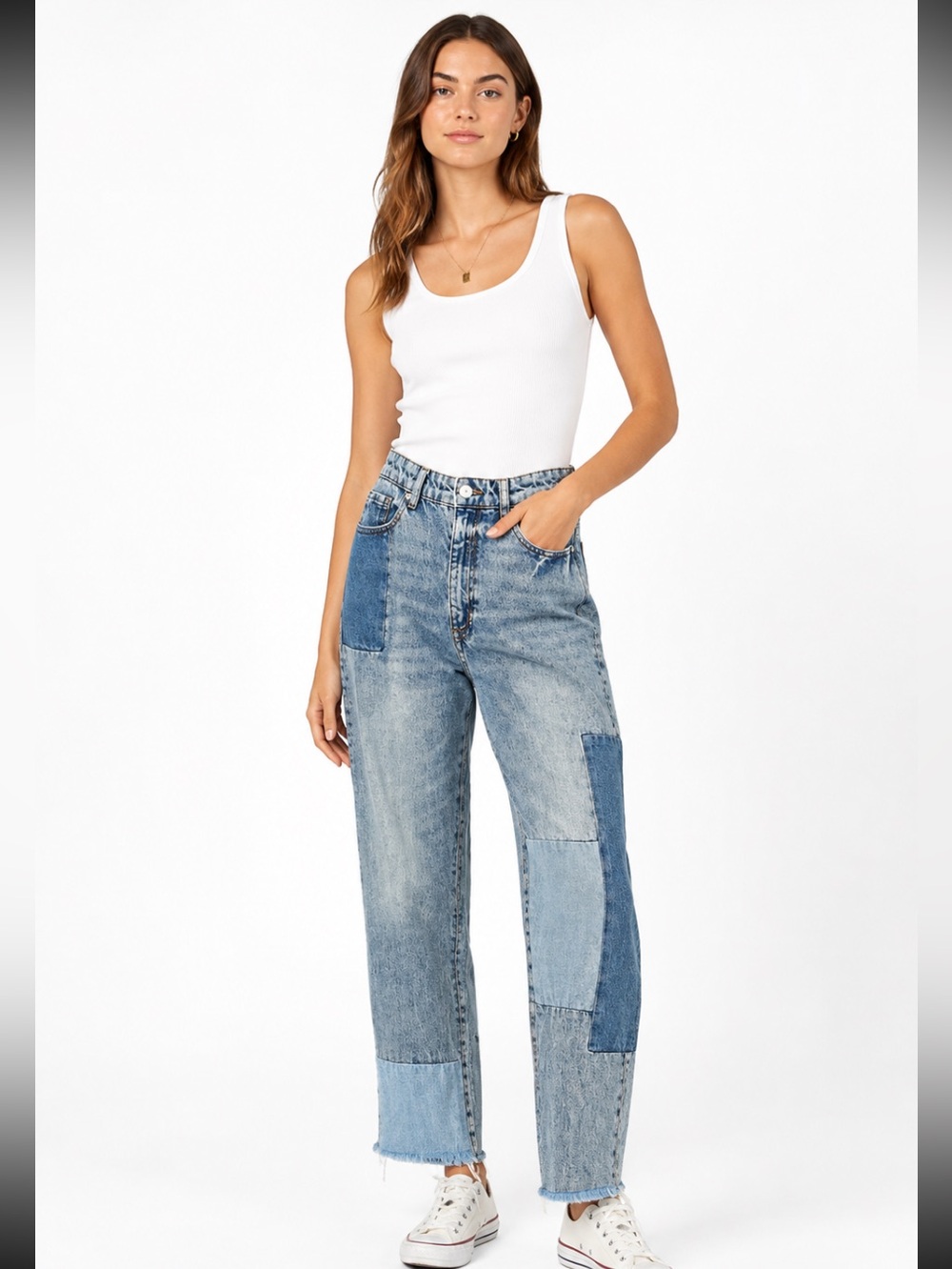 BDG Patchwork Mixed-Wash Super High Rise Raw Hem Denim Jeans 27